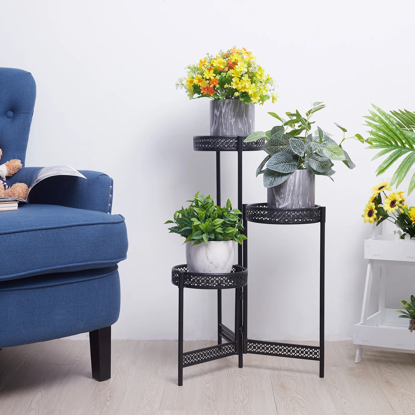 Foldable Black Metal Plant Stand for Indoor Outdoor Use