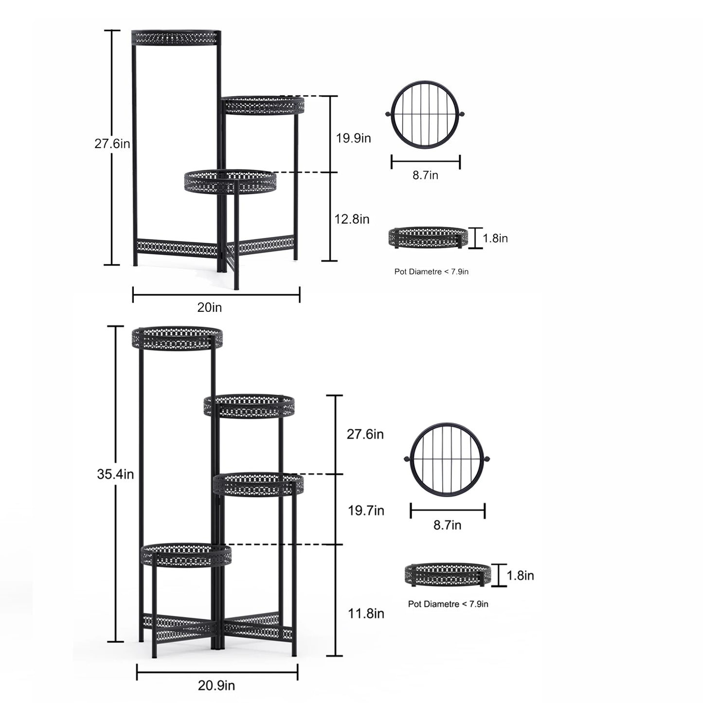 Foldable Black Metal Plant Stand for Indoor Outdoor Use