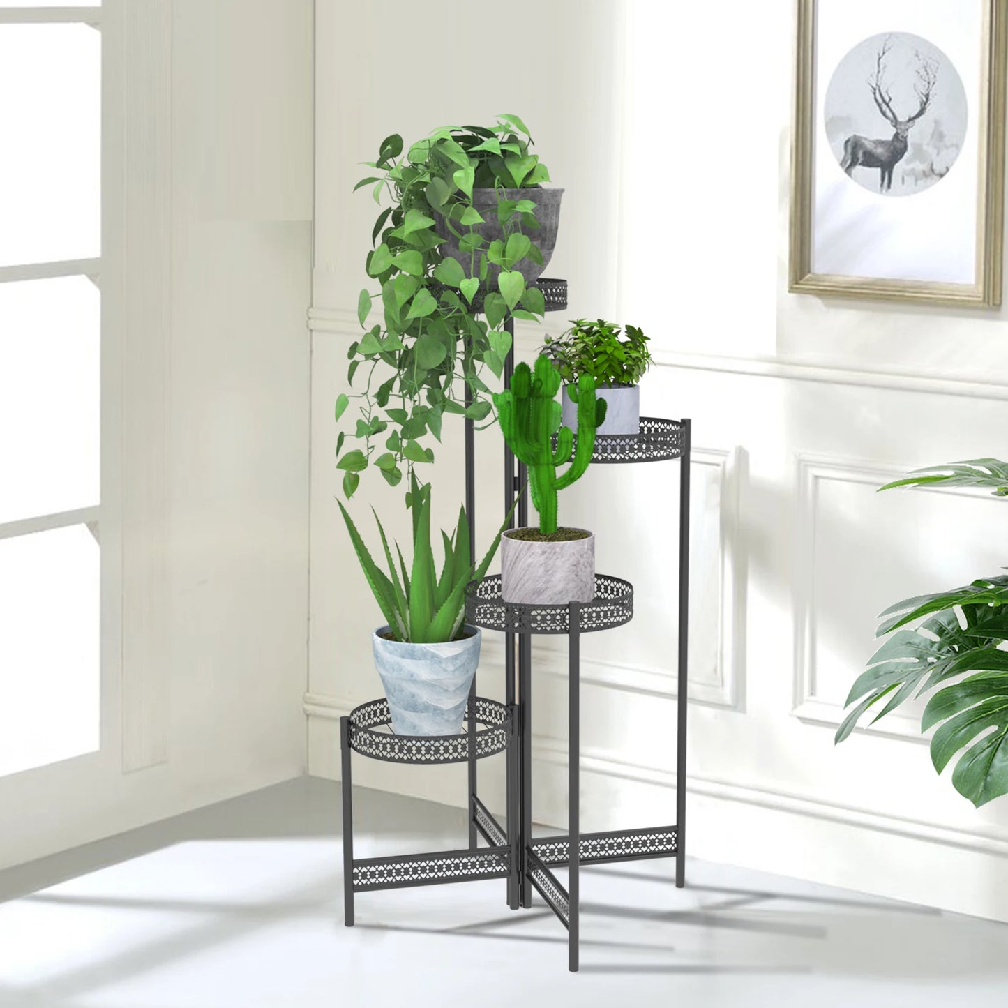 Foldable Black Metal Plant Stand for Indoor Outdoor Use