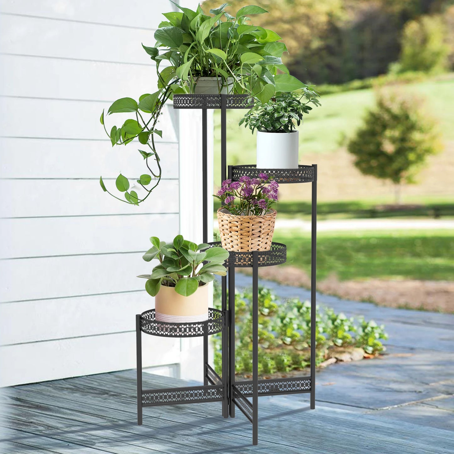 Foldable Black Metal Plant Stand for Indoor Outdoor Use