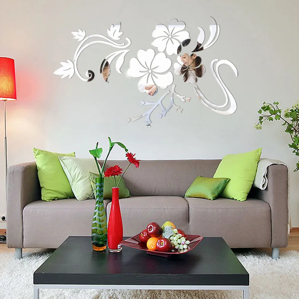 3D Mirror Floral Acrylic Wall Stickers for Home Decor
