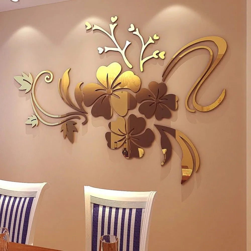 3D Mirror Floral Acrylic Wall Stickers for Home Decor