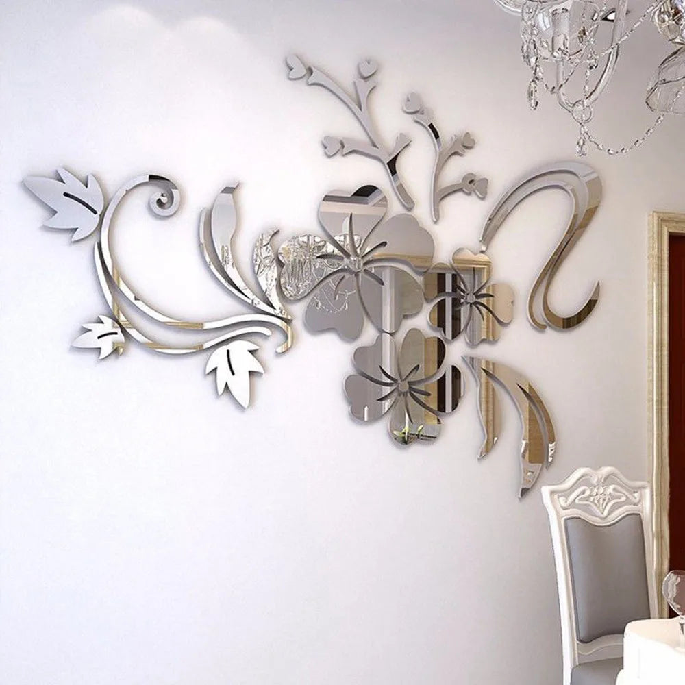 3D Mirror Floral Acrylic Wall Stickers for Home Decor