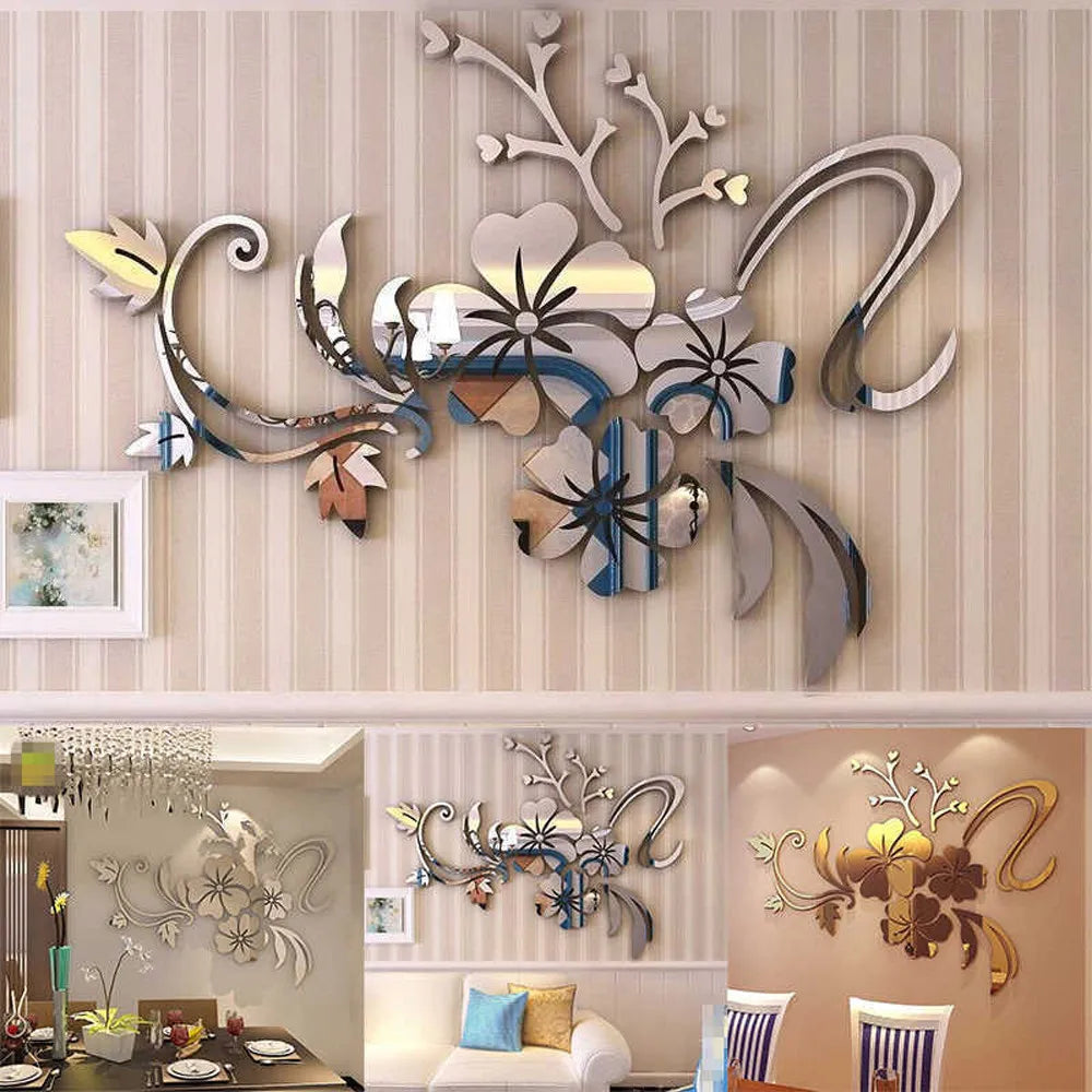 3D Mirror Floral Acrylic Wall Stickers for Home Decor
