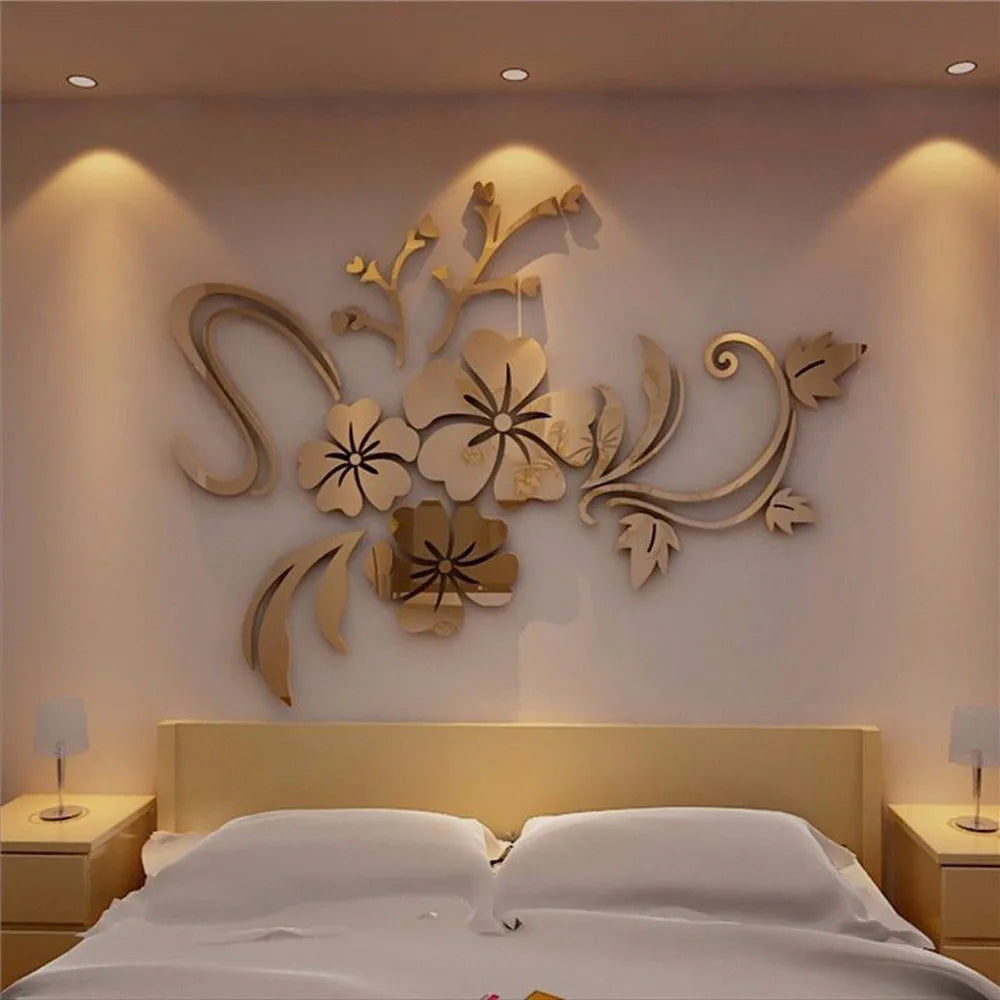 3D Mirror Floral Acrylic Wall Stickers for Home Decor