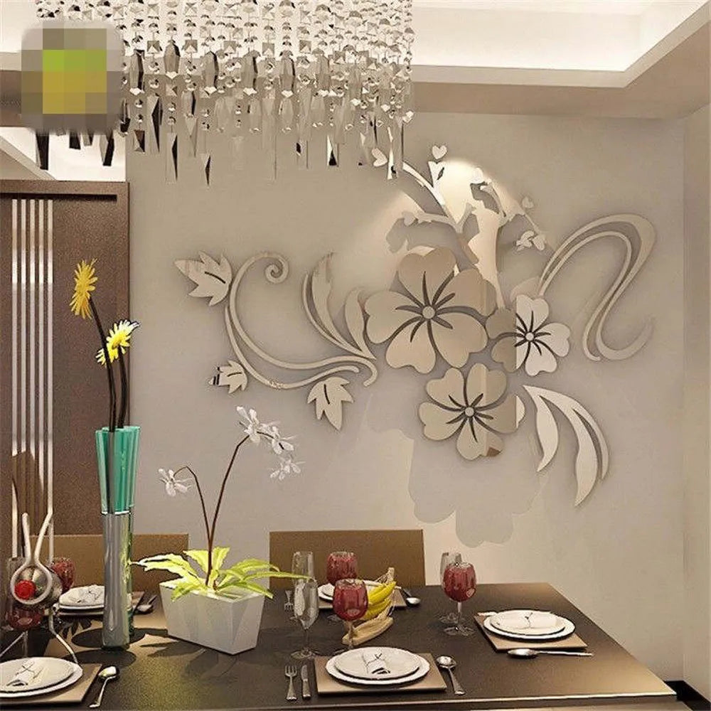 3D Mirror Floral Acrylic Wall Stickers for Home Decor