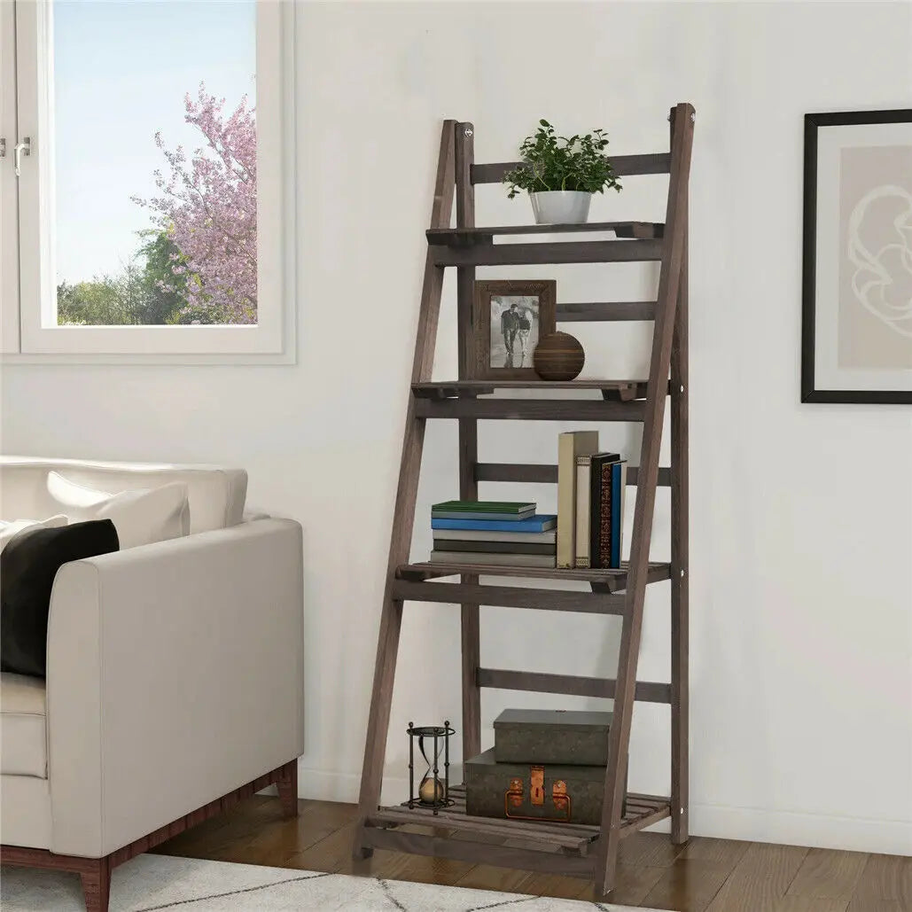Folding Wooden Ladder Plant Stand 4 Tiers