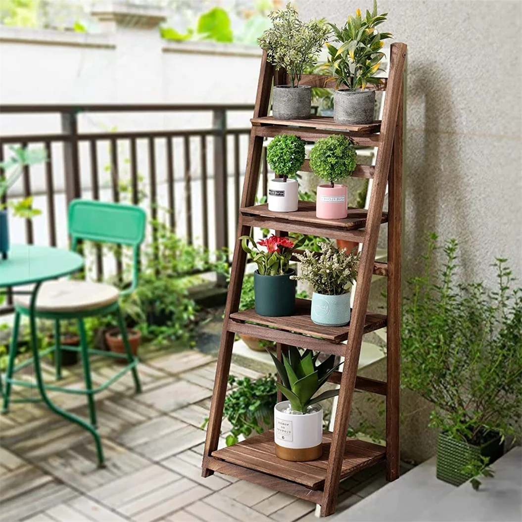 Folding Wooden Ladder Plant Stand 4 Tiers