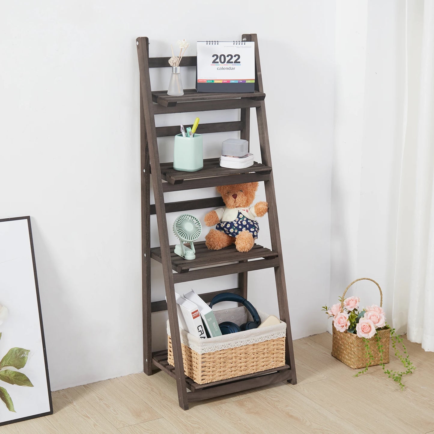 Folding Wooden Ladder Plant Stand 4 Tiers
