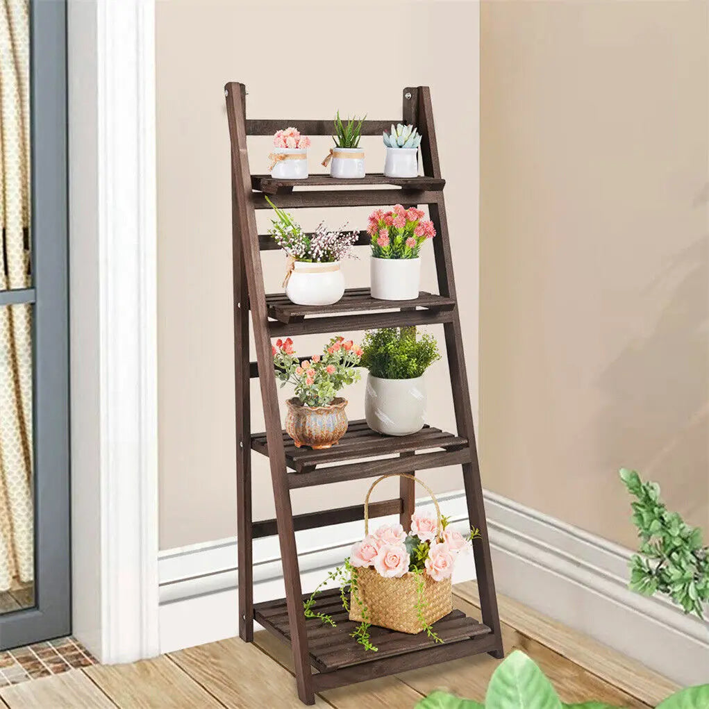 Folding Wooden Ladder Plant Stand 4 Tiers