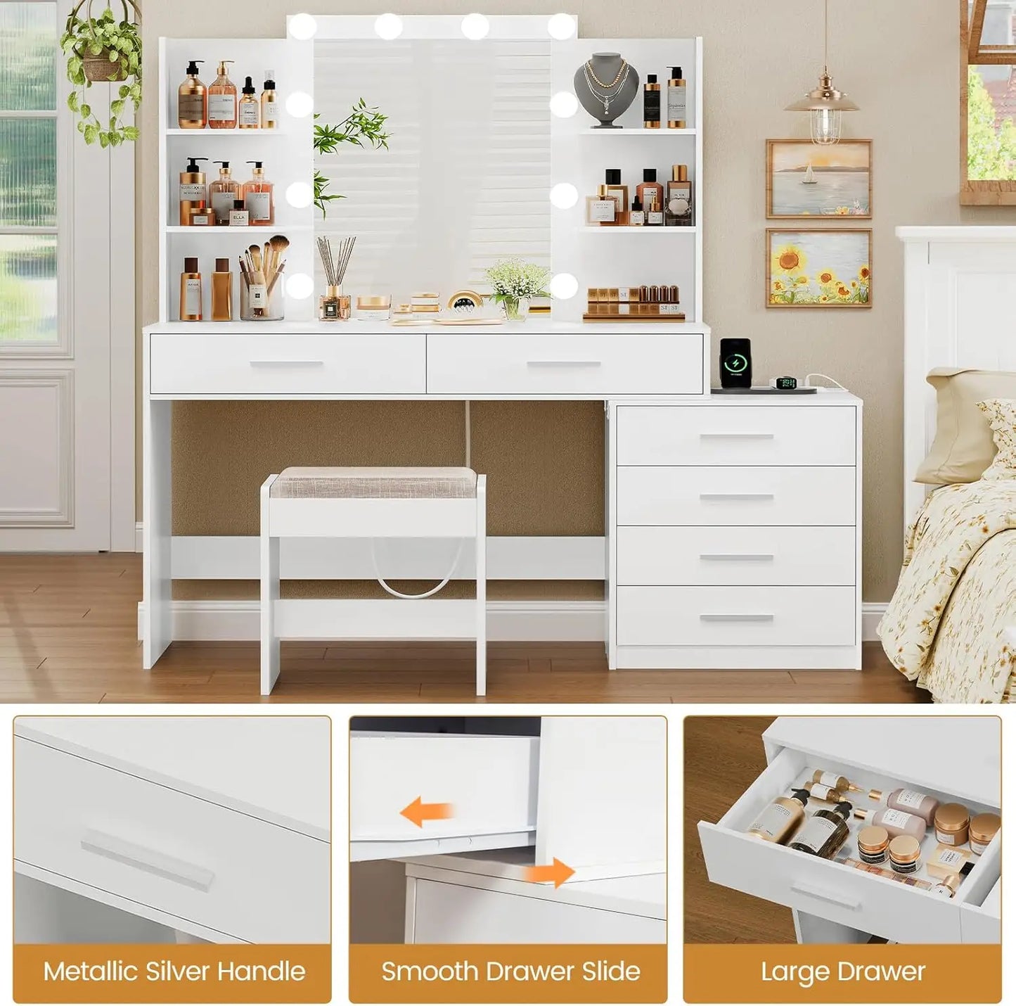 Large 48 Inch Makeup Vanity Desk with Lights