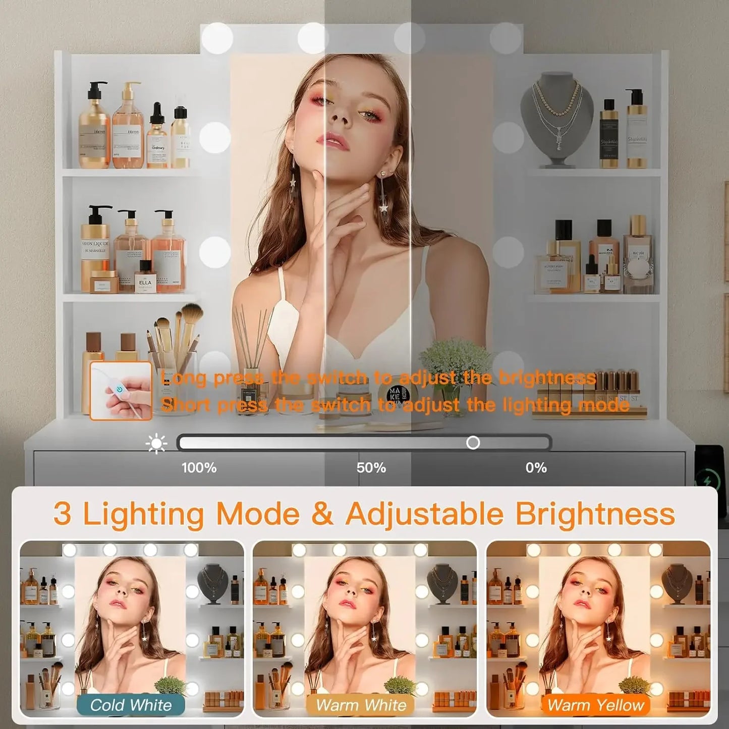 Large 48 Inch Makeup Vanity Desk with Mirror Lights