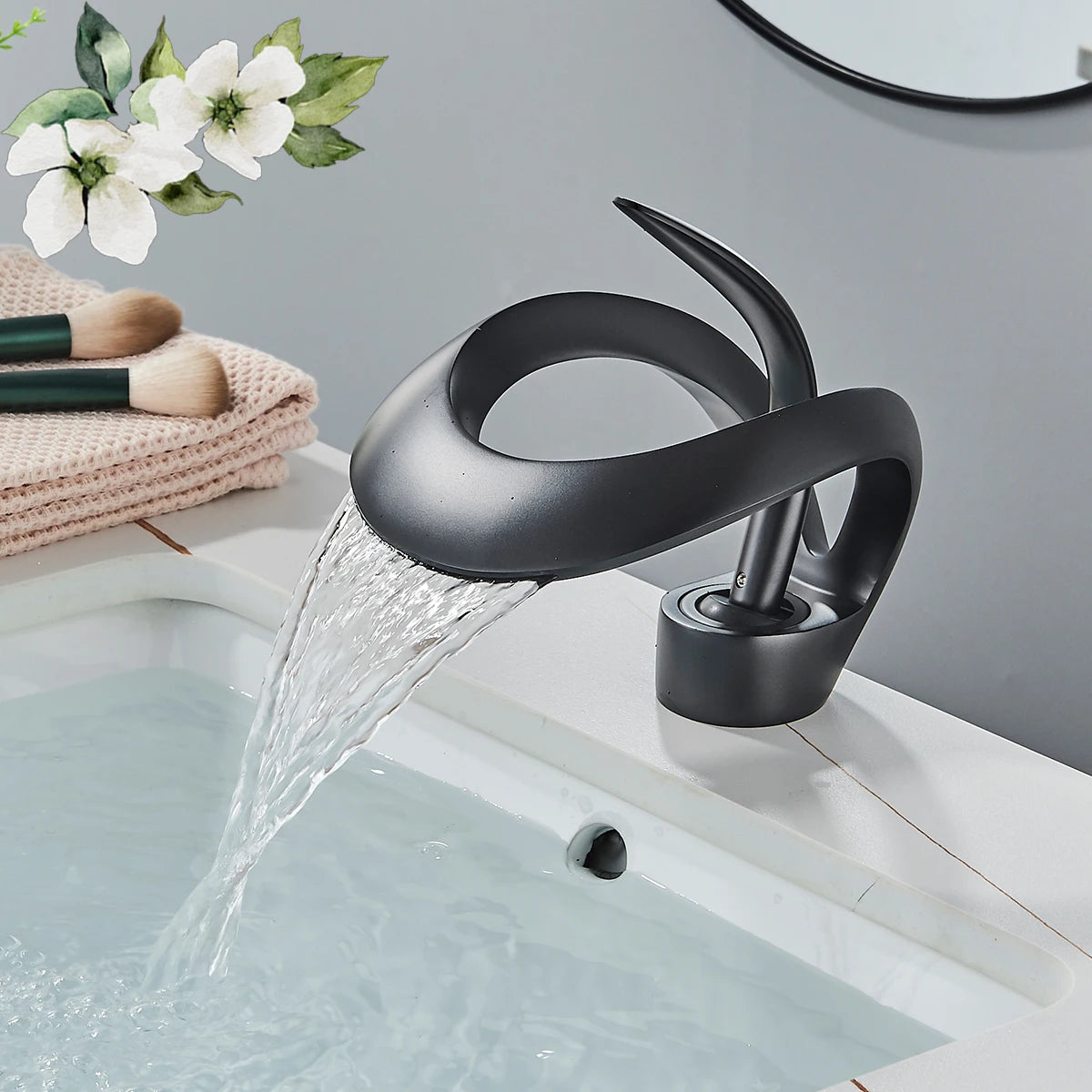 Brass Black Waterfall Bathroom Basin Faucet
