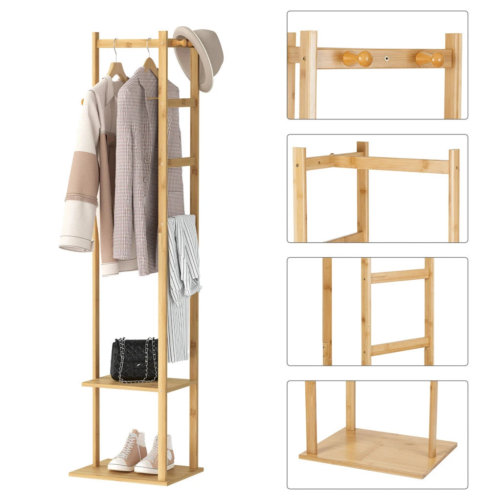 Natural Bamboo Coat Rack with Hanger and Shelves