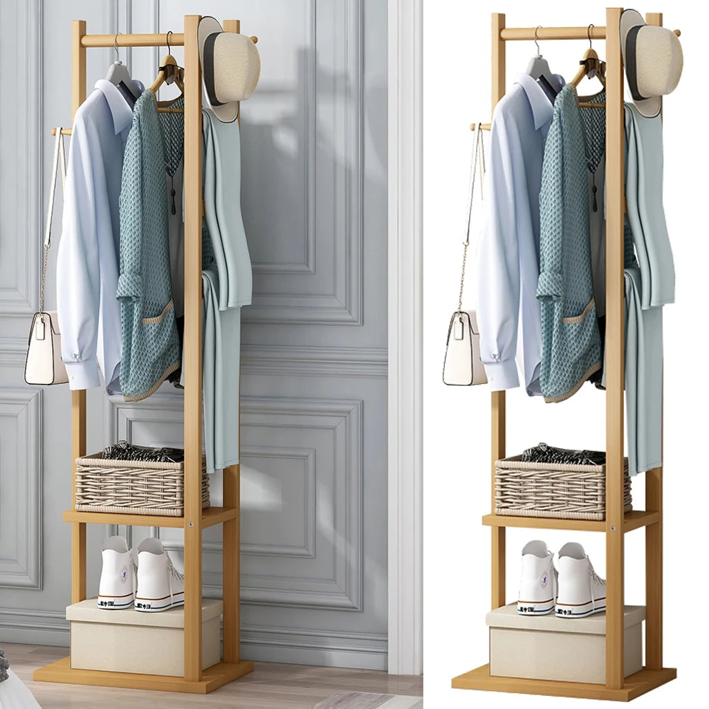 Natural Bamboo Coat Rack with Hanger and Shelves