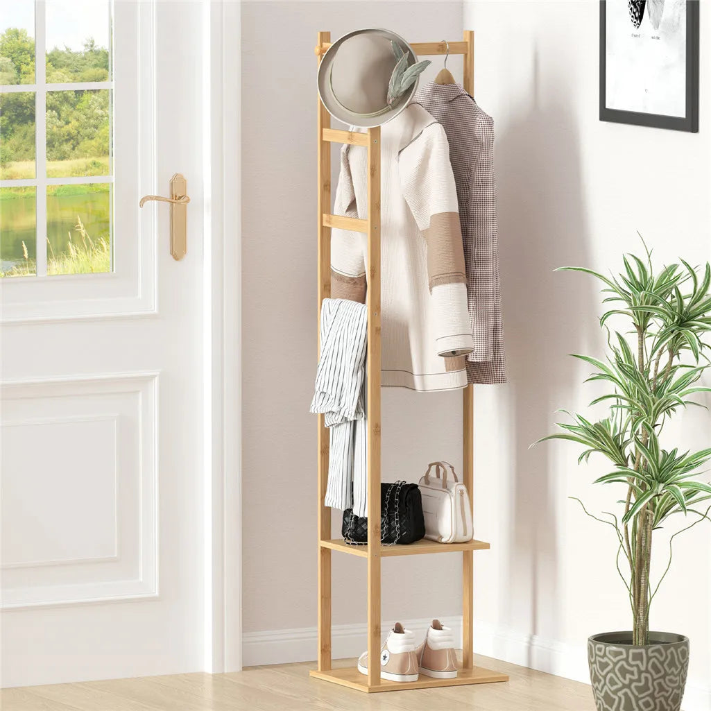 Natural Bamboo Coat Rack with Hanger and Shelves