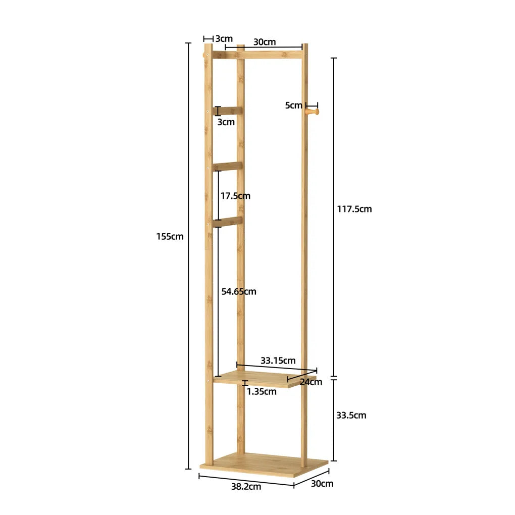 Natural Bamboo Coat Rack with Hanger and Shelves