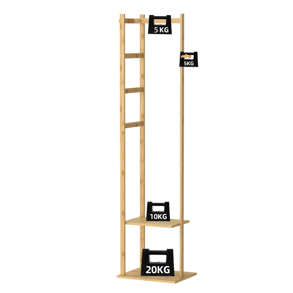 Natural Bamboo Coat Rack with Hanger and Shelves