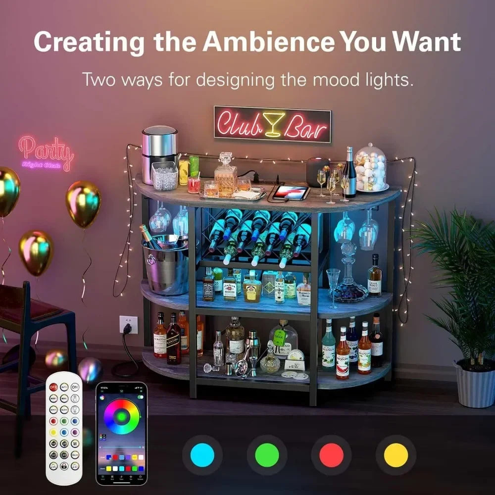 LED Mini Bar Cabinet with Power Socket and Storage