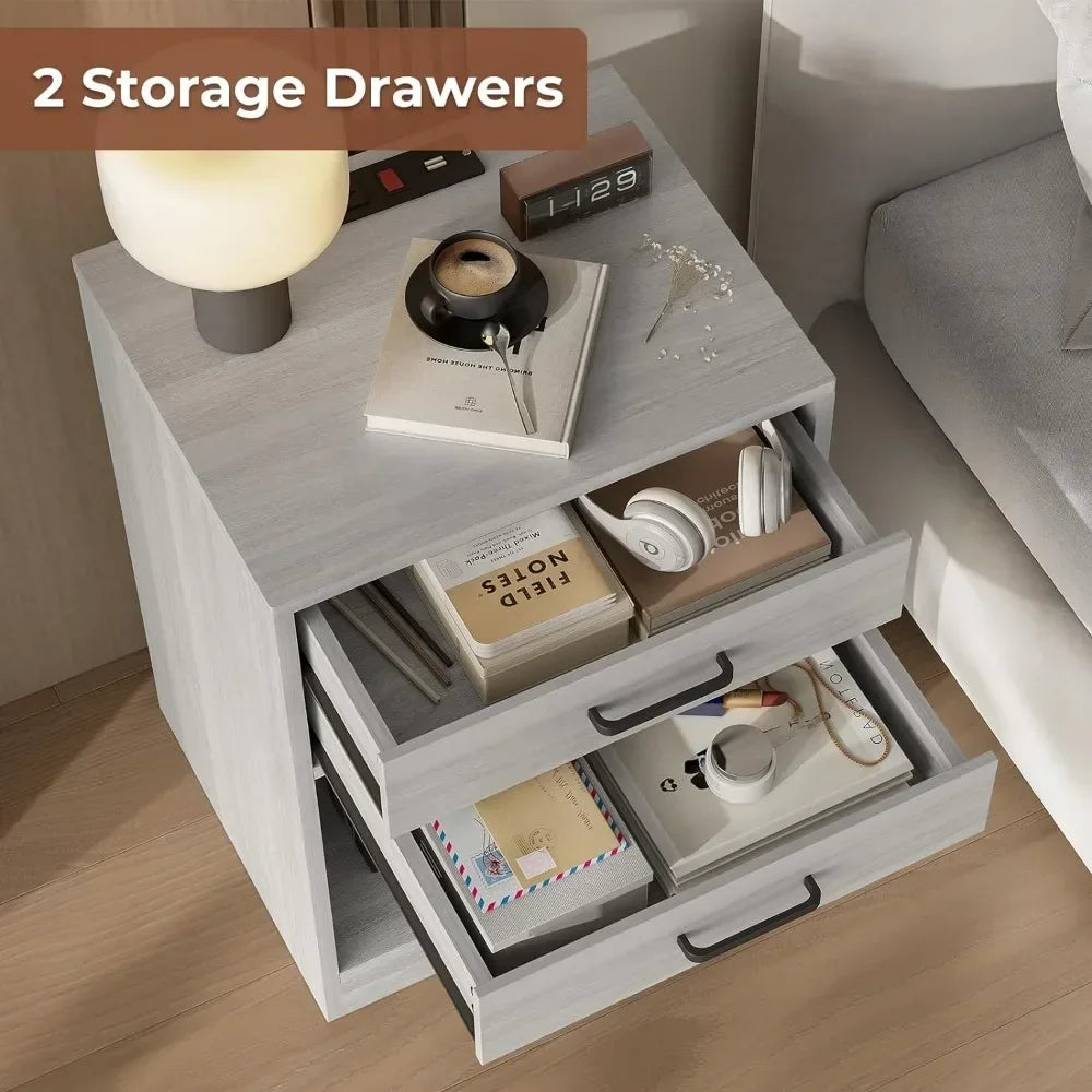 2 Piece Charging Nightstand Set with Drawers