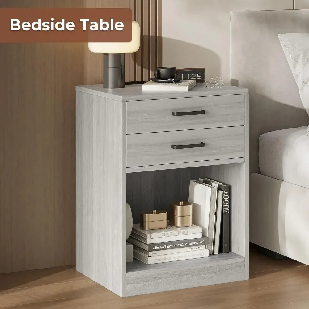 2 Piece Charging Nightstand Set with Drawers