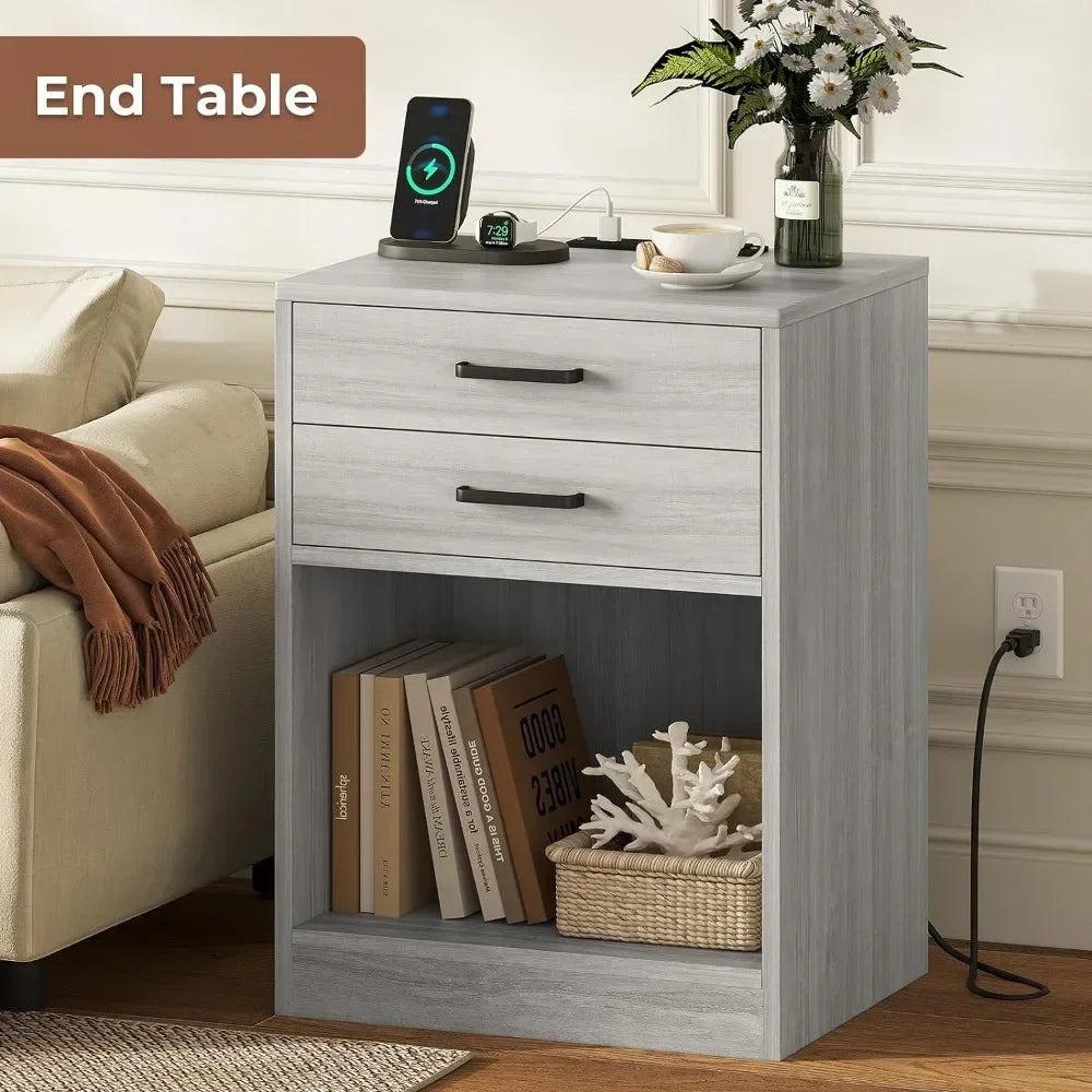 2 Piece Charging Nightstand Set with Drawers