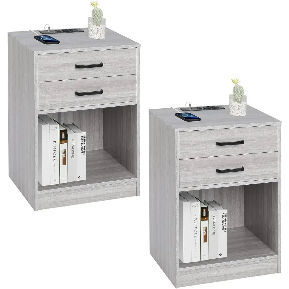 2 Piece Charging Nightstand Set with Drawers