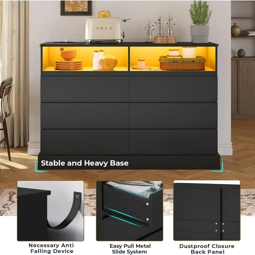 Modern Black Dresser with LED Lights and Charging Station