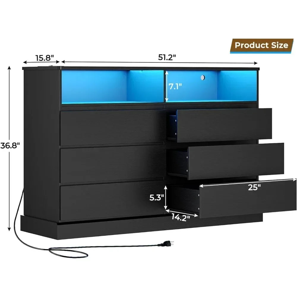 Modern Black Dresser with LED Lights and Charging Station