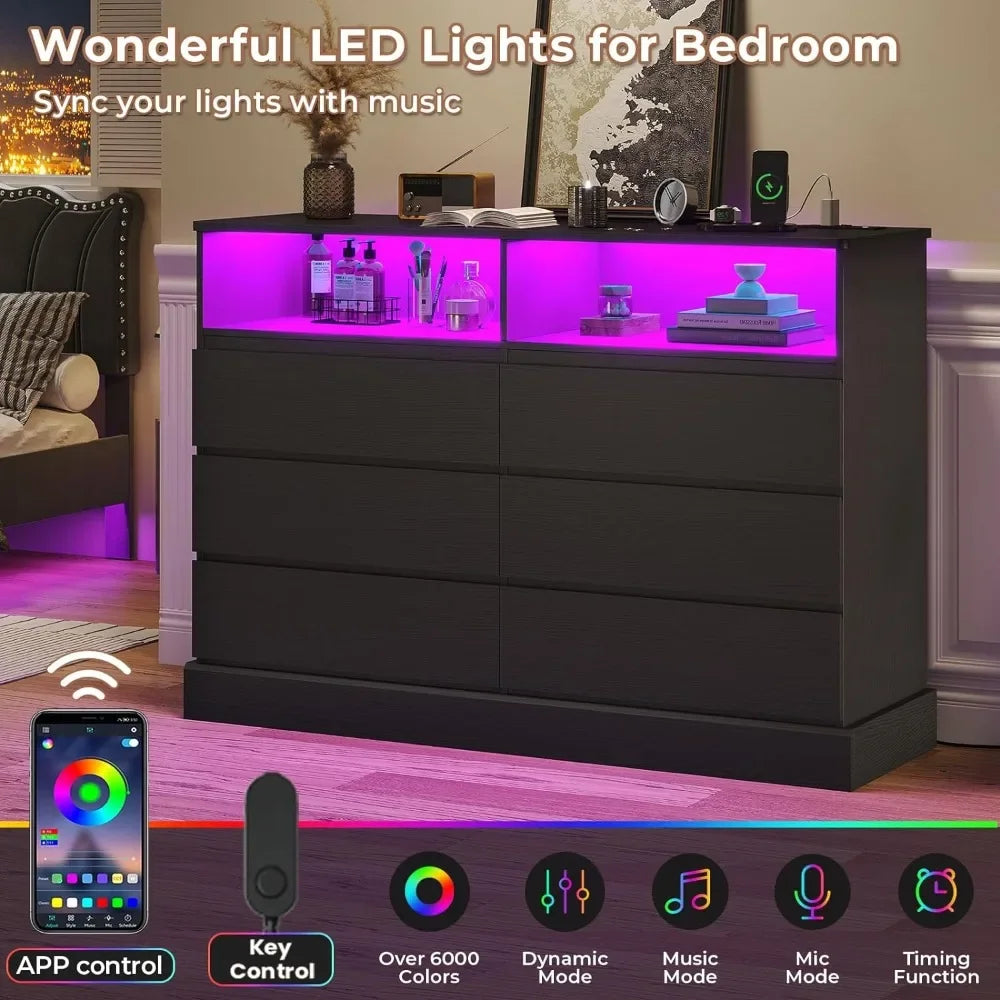 Modern Black Dresser with LED Lights and Charging Station