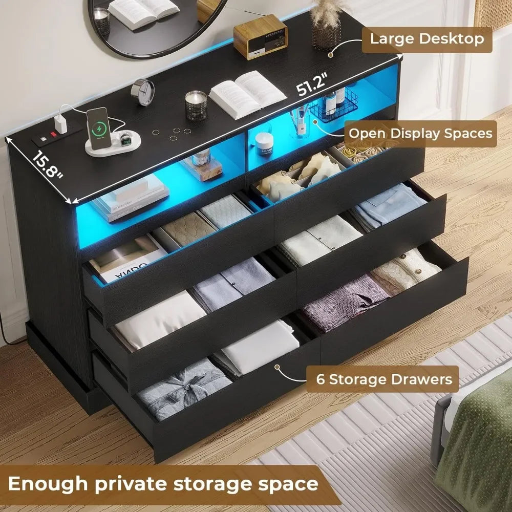 Modern Black Dresser with LED Lights and Charging Station
