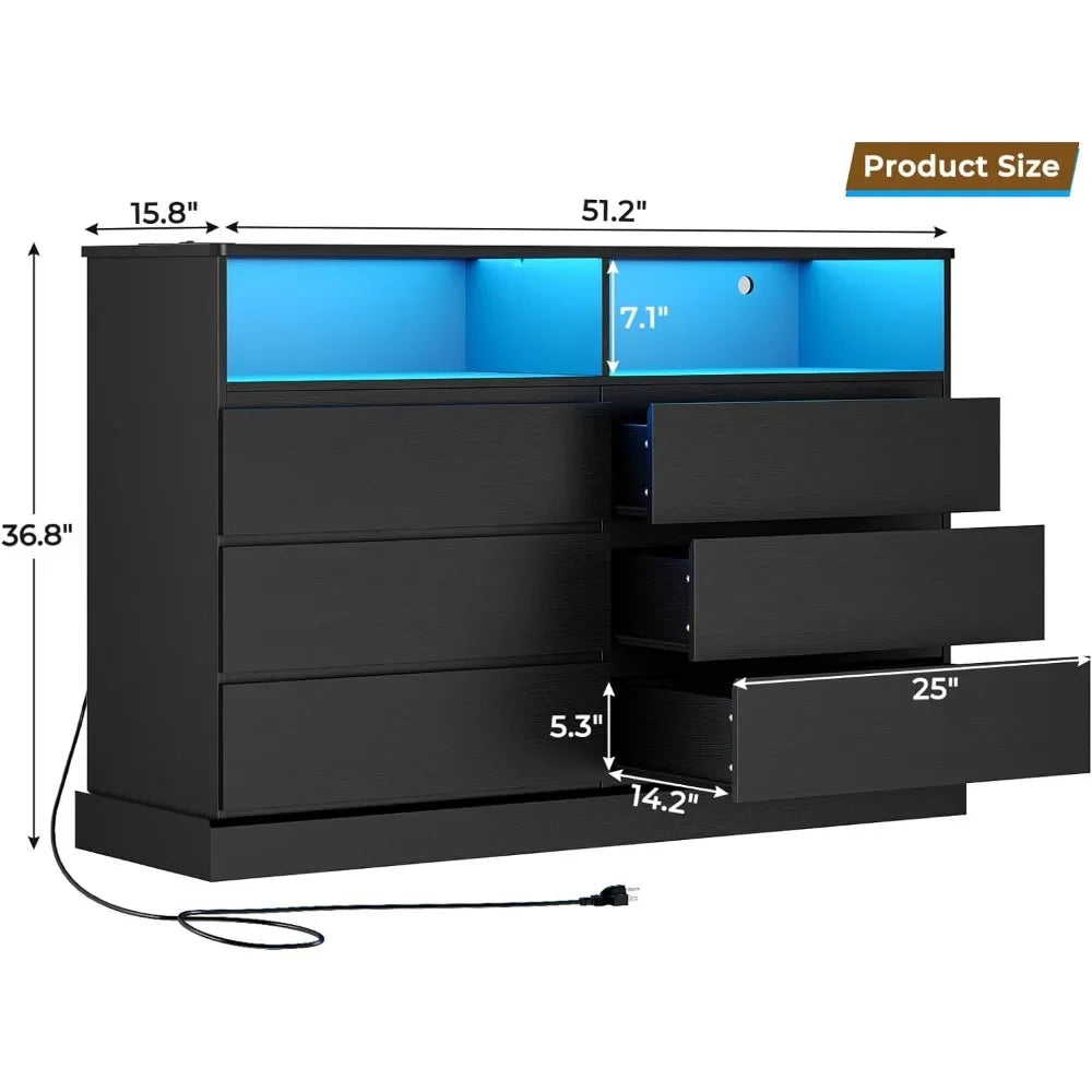Modern Black Dresser with LED Lights and Charging Station