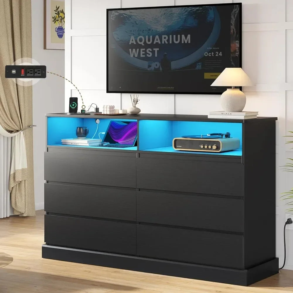 Modern Black Dresser with LED Lights and Charging Station