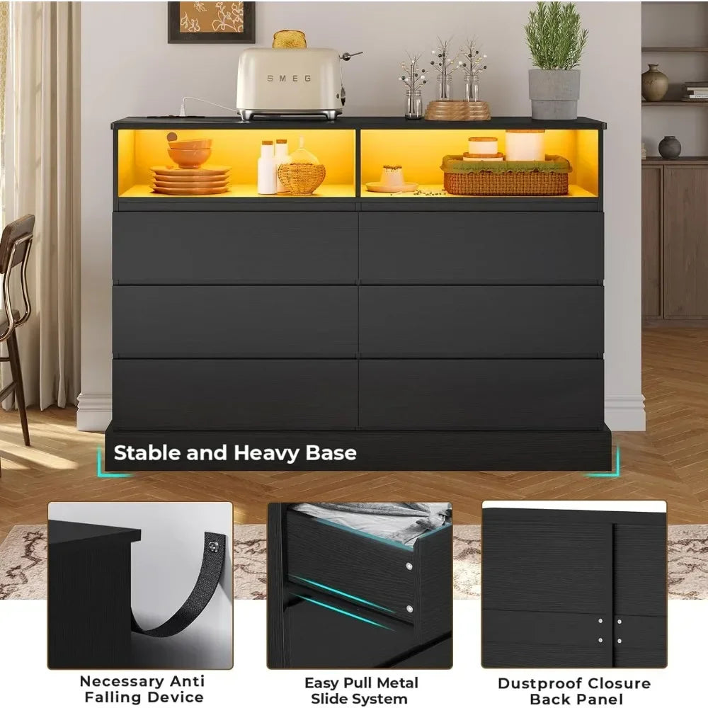 Modern Black Dresser with LED Lights and Charging Station