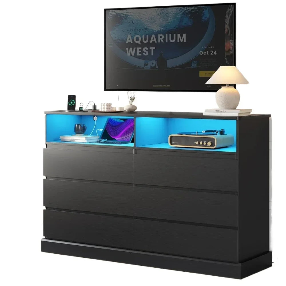 Modern Black Dresser with LED Lights and Charging Station