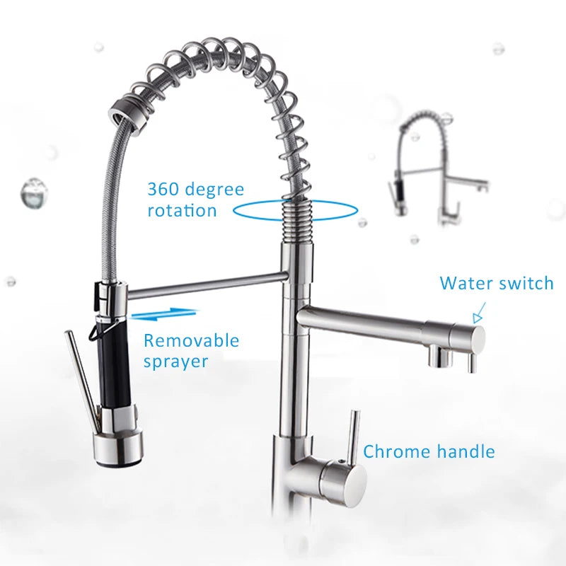 Brass Pull Down Kitchen Sink Faucet with Dual Spout
