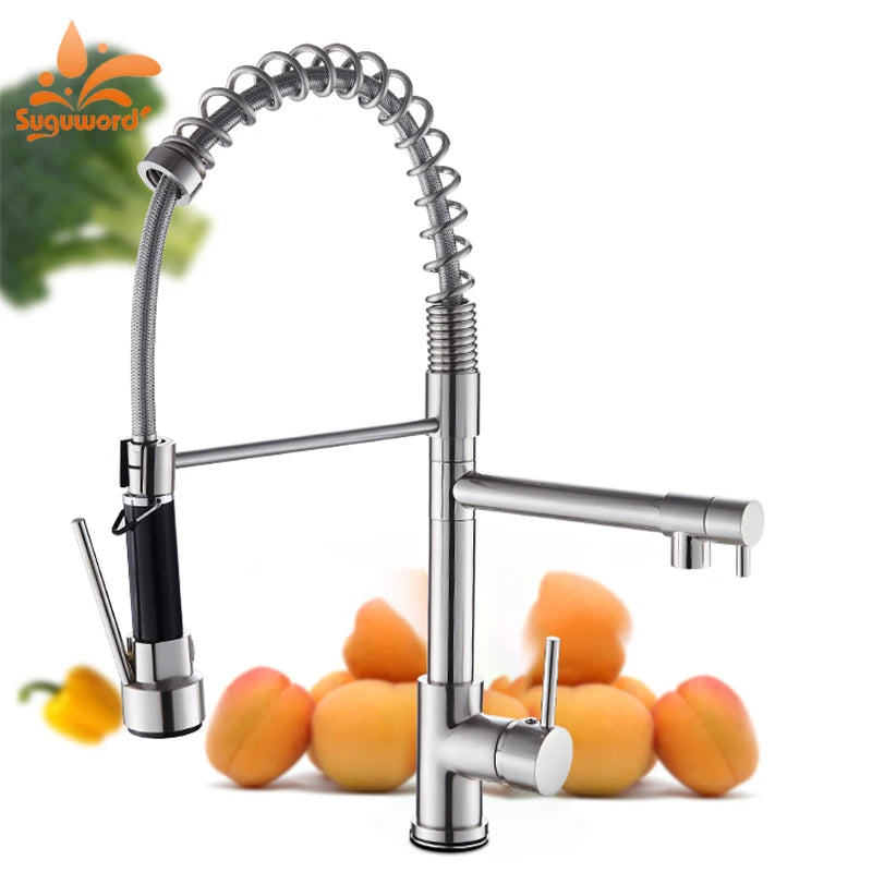Brass Pull Down Kitchen Sink Faucet with Dual Spout