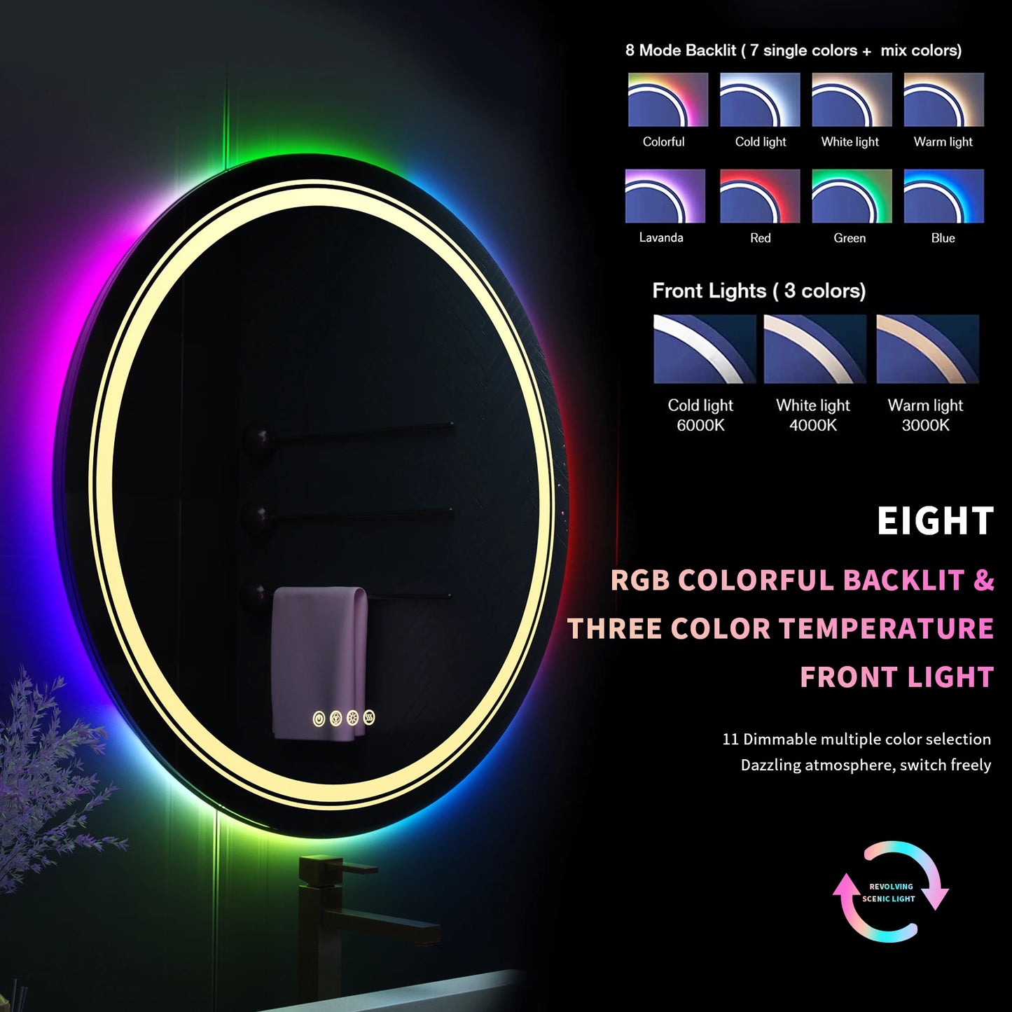 Large Round RGB Color Changing LED Bathroom Mirror