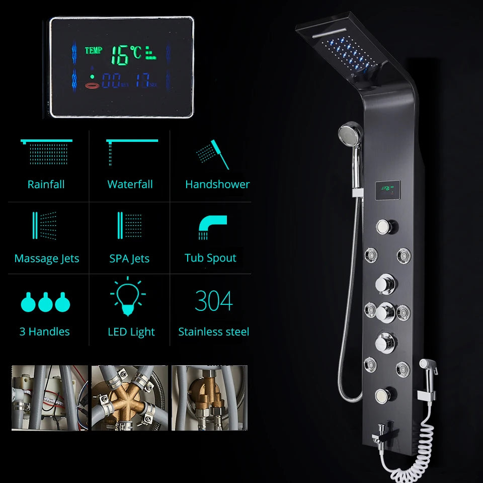 Luxury LED Rainfall Shower Panel System with Temperature Display