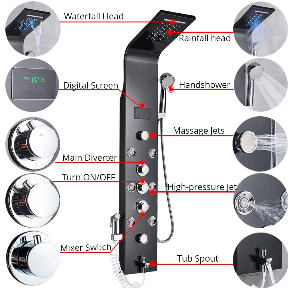 Luxury LED Rainfall Shower Panel System with Temperature Display