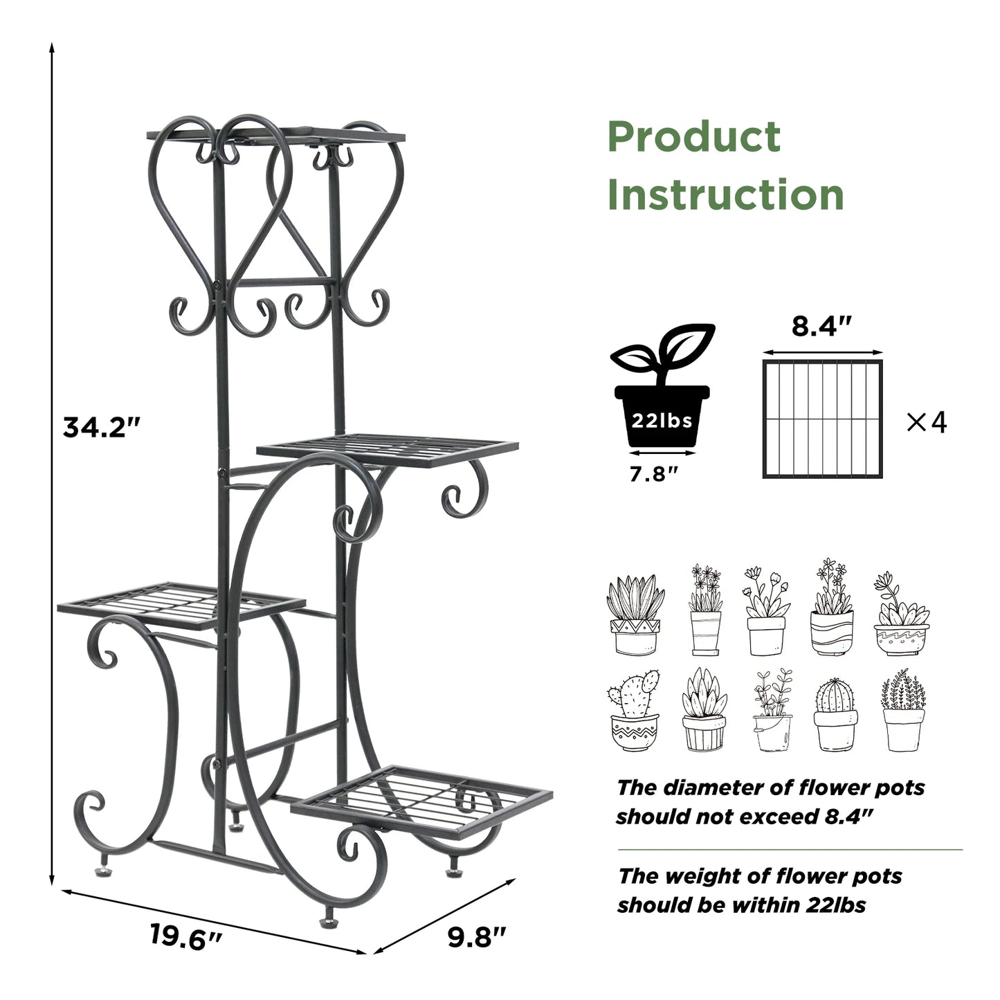Metal Plant Stand for Indoor Outdoor Garden Display