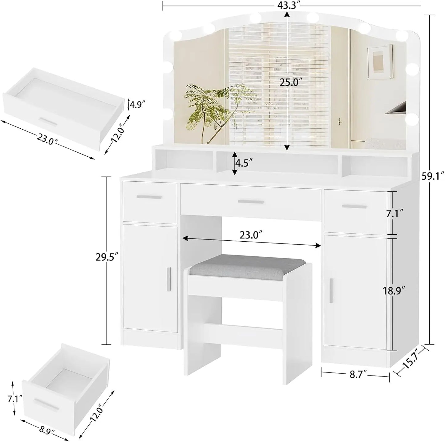 Large Makeup Vanity Table with LED Lights and Storage