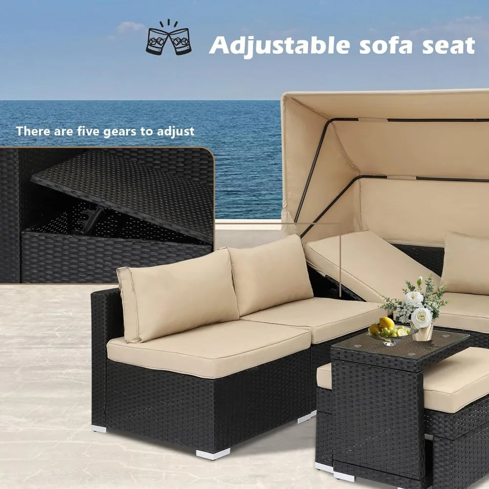 7 Piece Rattan Outdoor Daybed with Adjustable Canopy