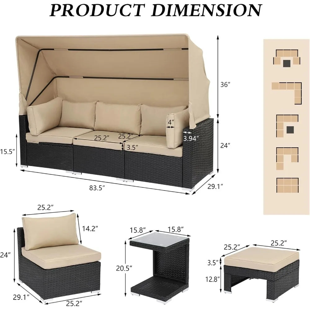 7 Piece Rattan Outdoor Daybed with Adjustable Canopy