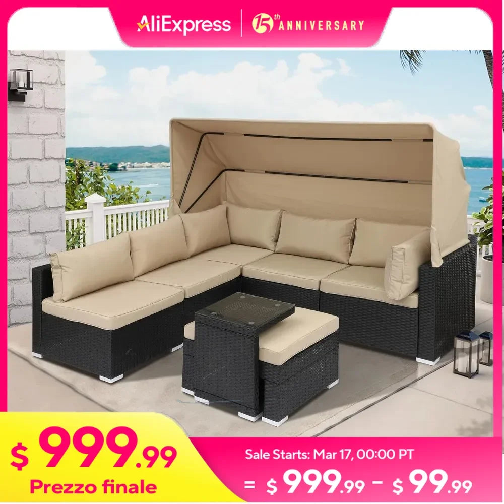 7 Piece Rattan Outdoor Daybed with Adjustable Canopy