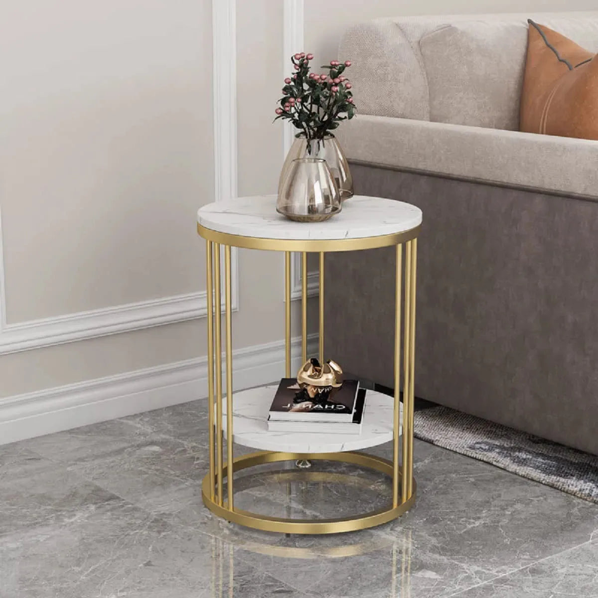 Nordic Style Round Marble Accent Table with Storage
