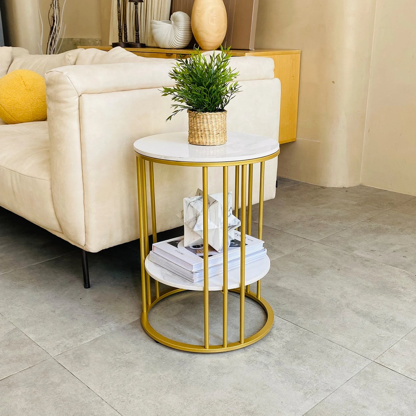 Nordic Style Round Marble Accent Table with Storage