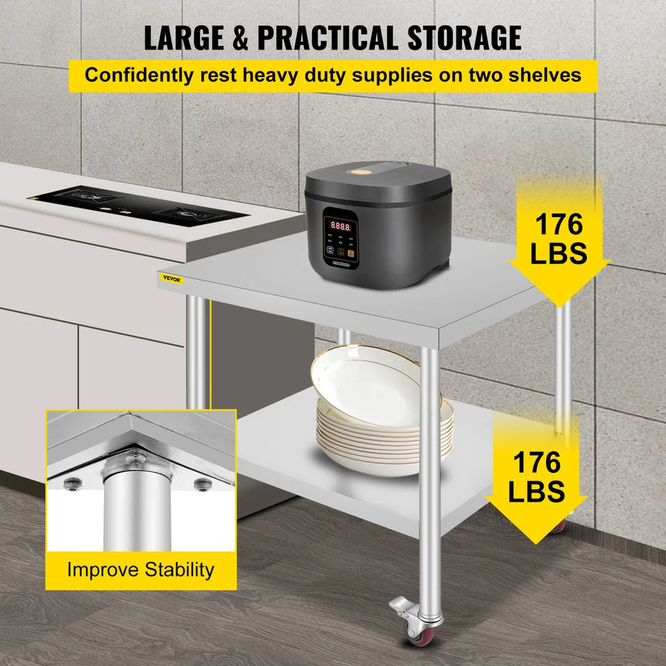 Stainless Steel Kitchen Prep Table with Wheels and Backsplash