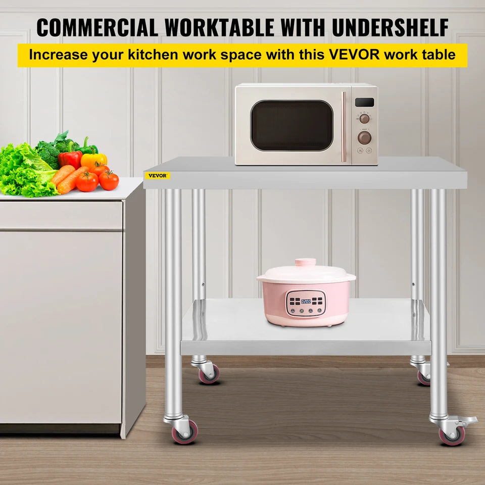 Stainless Steel Kitchen Prep Table with Wheels and Backsplash