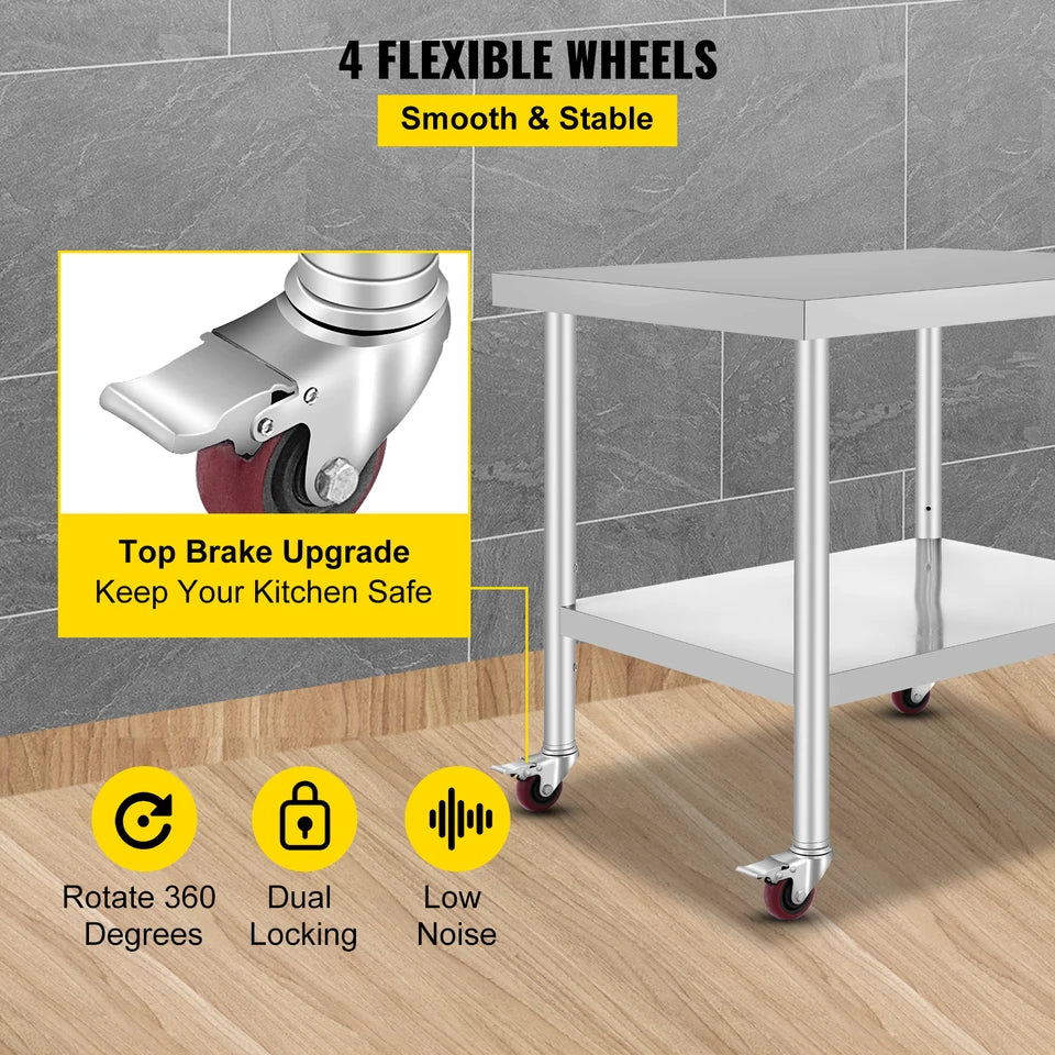 Stainless Steel Kitchen Prep Table with Wheels and Backsplash